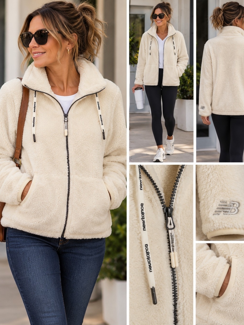 New Balance Women’s L Cream Sherpa Fleece Full Zip Jacket Cozy Athleisure